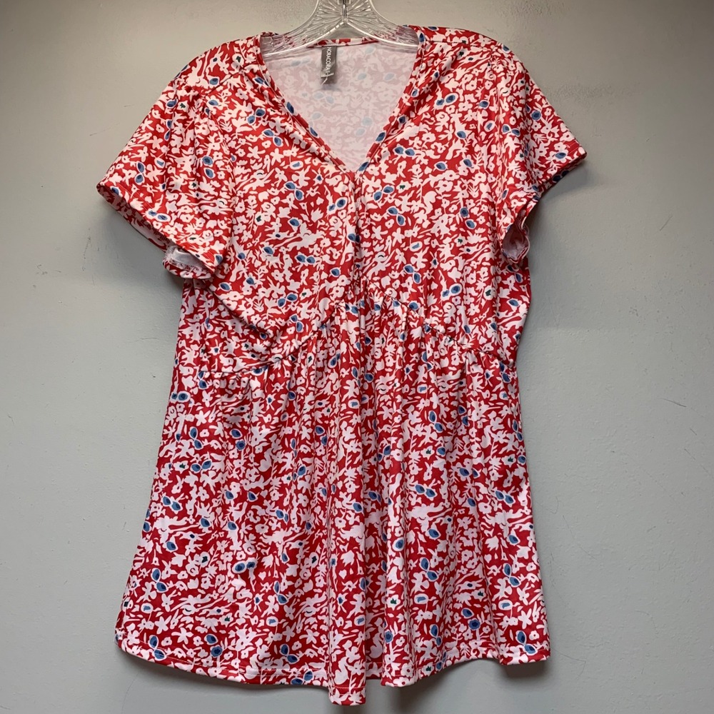 Noracora Floral Tunic Womens Large Red White Jersey V-Neck Babydoll Top 1367393#